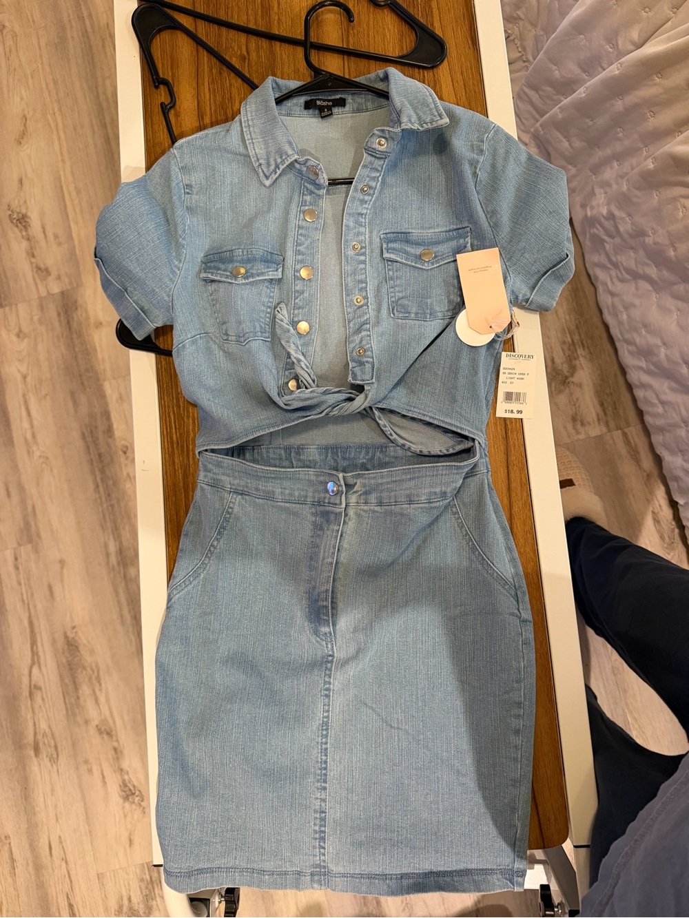 Light Blue Denim Mini Dress Set with Cropped Button-Front Top